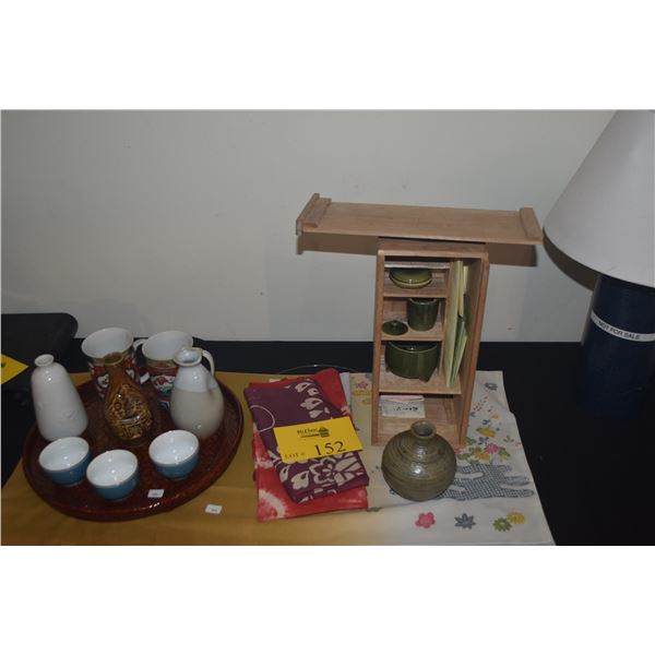 JAPANESE COLLECTION OF ASSORTED SAKI CUPS & BOTTLES, INCENSE SET, TRAY, VASE & FABRIC (21 PCS)