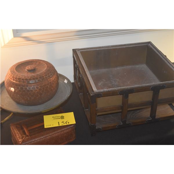 JAPANESE MIXED LOT: RICE POT, BRONZE PIECE, BASKET & HIBACHI (4 PCS)