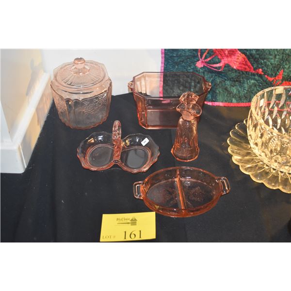 COLLECTION OF HEISEY FLAMINGO PINK GLASS DISHES, CRUET, BISCUIT JAR & ICE BUCKET (5 PCS) (DOES NOT I