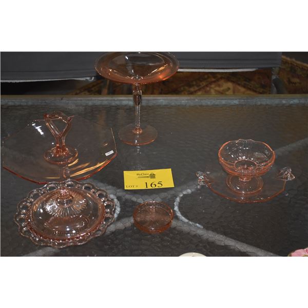 COLLECTION OF HEISEY FLAMINGO PINK GLASS COMPOTE, COVERED DISH, CANDY DISH, PLATE & SERVING TRAY (6 