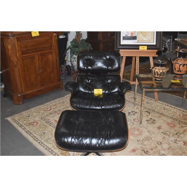 HERMAN MILLER LEATHER EAMES ARM CHAIR W/OTTOMAN
