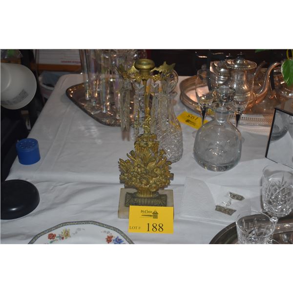 ANTIQUE GIRANDOLE-BRASS, MARBLE & CRYSTAL CANDLE HOLDERS (PAIR)