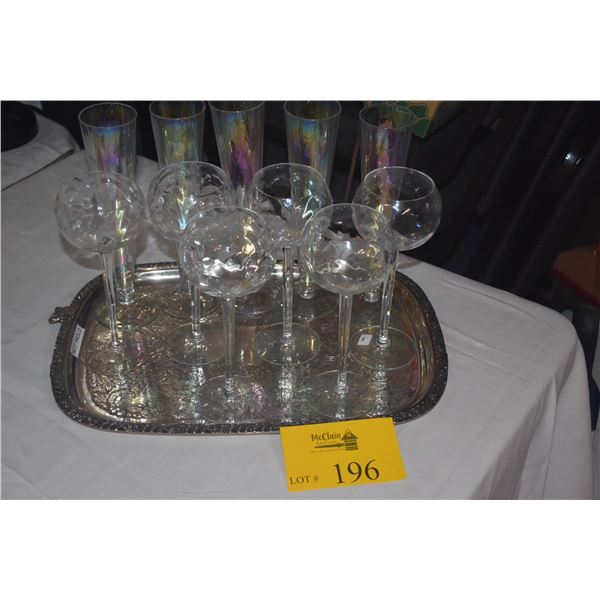 STEMMED WINE GLASSES & IRIDESCENT CHAMPAGNE FLUTES (11 PCS) (DOES NOT INCLUDE TRAY)