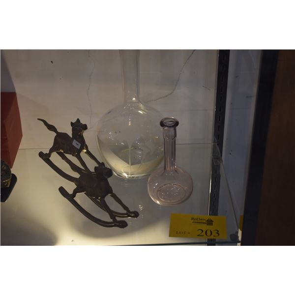 BRASS ROCKING HORSES & GLASS VASES (4 PCS)