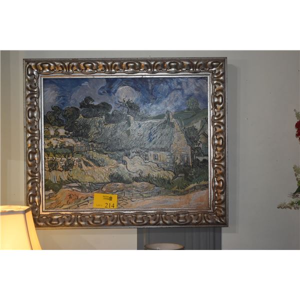 FRAMED VINCENT VAN GOGH REPRODUCTION "THATCHED COTTAGES AT CORDEVILLE" (36" X 30 1/4")