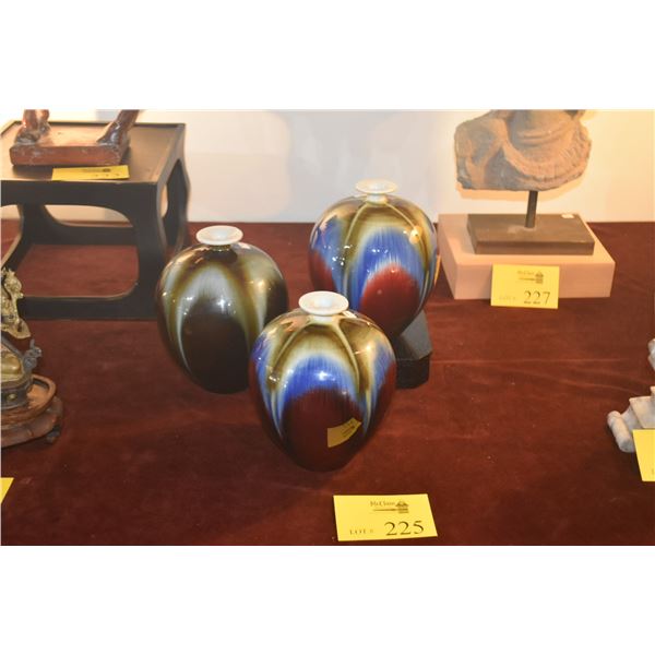 CHINESE MEI PING FLAMBE OX BLOOD GLAZE PORCELAIN VASES (3 PCS) (DOES NOT INCLUDE STANDS)