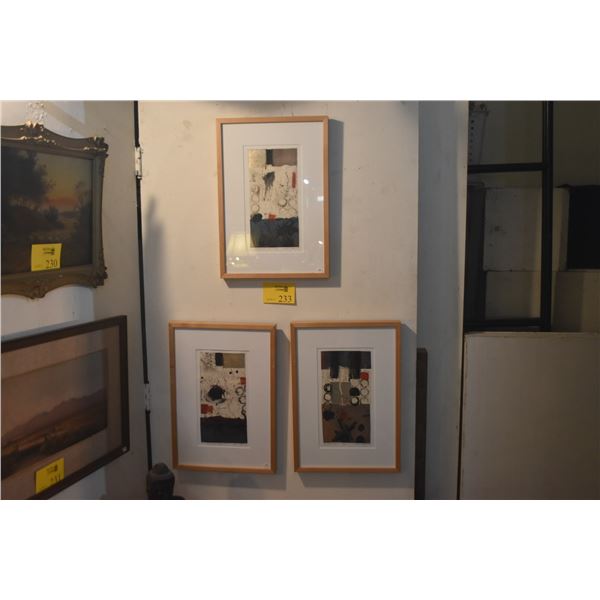 FRAMED ABSTRACT ART, "THE BAY", "RAIN" & "SEA I"); SIGNED EILEEN HILL '00 (14" X 20") (3 PCS)