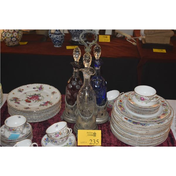 SET OF 3 ETCHED CRYSTAL DECANTERS W/STAND (3 PCS)