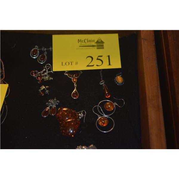 MIXED LOT: SILVER AMBER JEWELRY: EARRINGS, RING, NECKLACES & PENDANT (10 PCS)