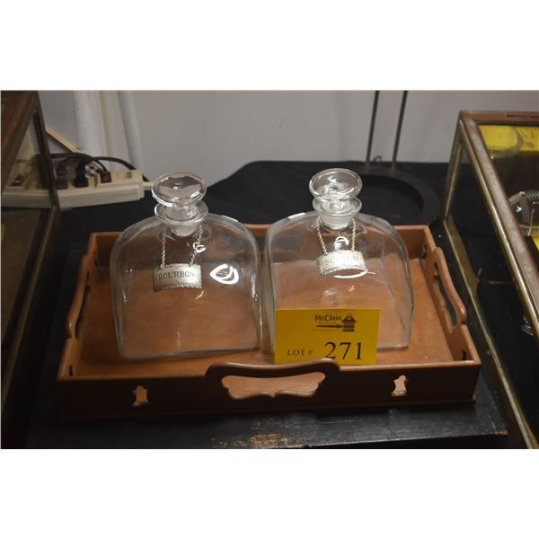 HAND BLOWN DECANTERS W/STERLING SCOTCH & BOURBON LABELS & WOOD TRAY (5 PCS)