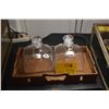 Image 1 : HAND BLOWN DECANTERS W/STERLING SCOTCH & BOURBON LABELS & WOOD TRAY (5 PCS)