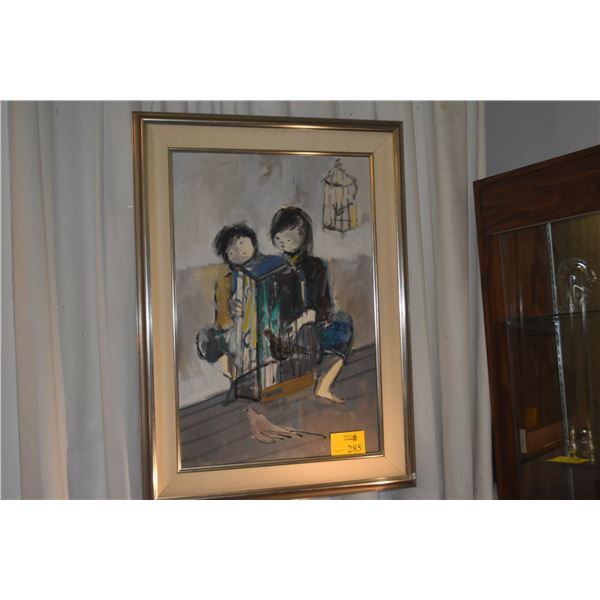 FRAMED JOHN CHIN YOUNG EXPRESSIONIST PAINTING, CHILDREN & BIRDS; SIGNED (32 1/2" X 45")