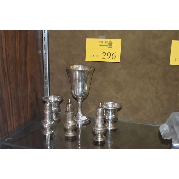 STERLING SALT & PEPPERS, TOOTHPICK HOLDERS & GOBLET (5 PCS)