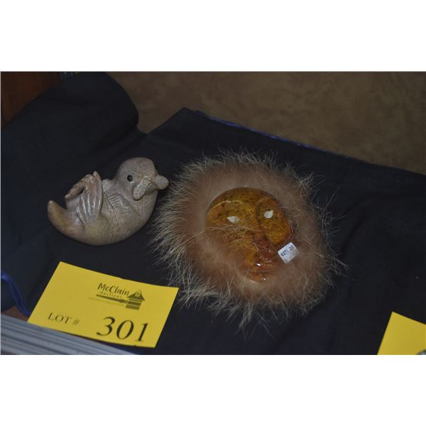 SOAPSTONE OTTER; SIGNED EDDIE LEE (ALASKA) & ALASKAN SPIRIT MASK BY MICHAEL SCOTT (2 PCS)