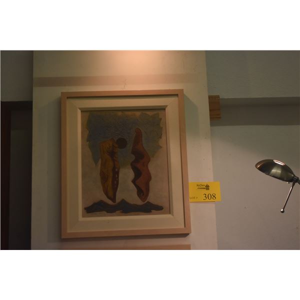 FRAMED WOODCUT ABSTRACT PAINTING; SIGNED SATORU 2010 (16 1/2" X 19 1/4")