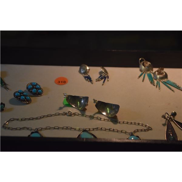 STERLING SILVER, TURQUOISE, MALACHITE EARRINGS & PENDANT ON CHAIN (10 PCS)