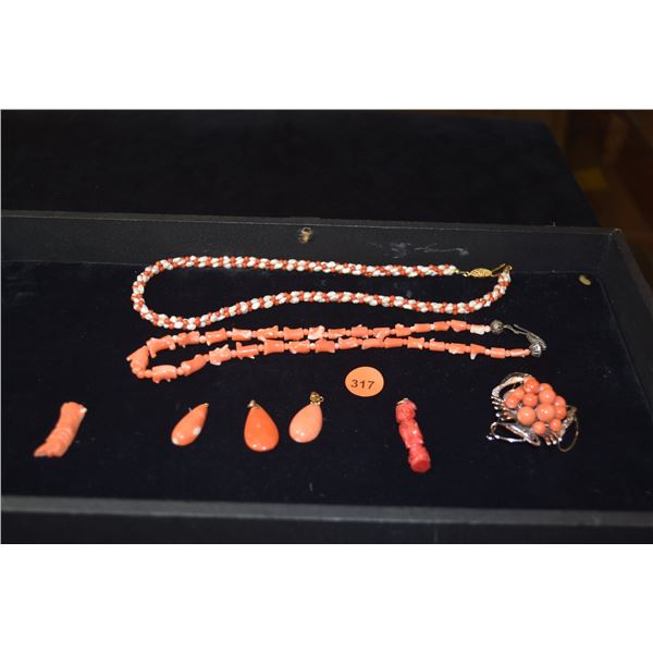 CORAL & PEARL NECKLACES & CORAL PENDANTS, CARVINGS & BROOCH (8 PCS)