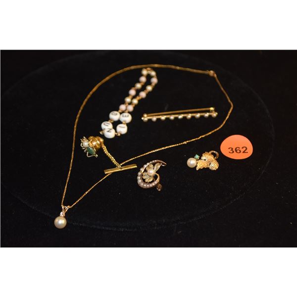 COLLECTION OF 14K PEARL PENDANTS (1 W/CHAIN), BRACELET, PINS & TIE PIN (6 PCS) (12.3 GTW)