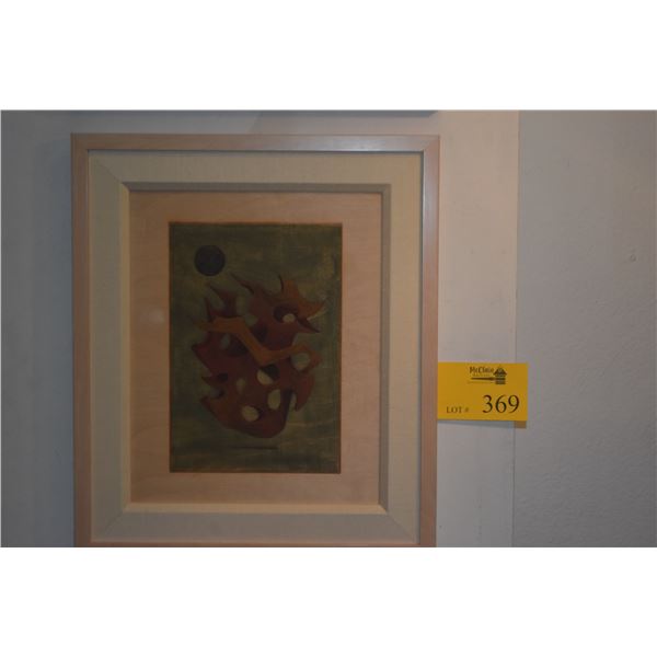 FRAMED WOODCUT ABSTRACT PAINTING; SIGNED SATORU 2010 (16 1/2" X 19 1/4")