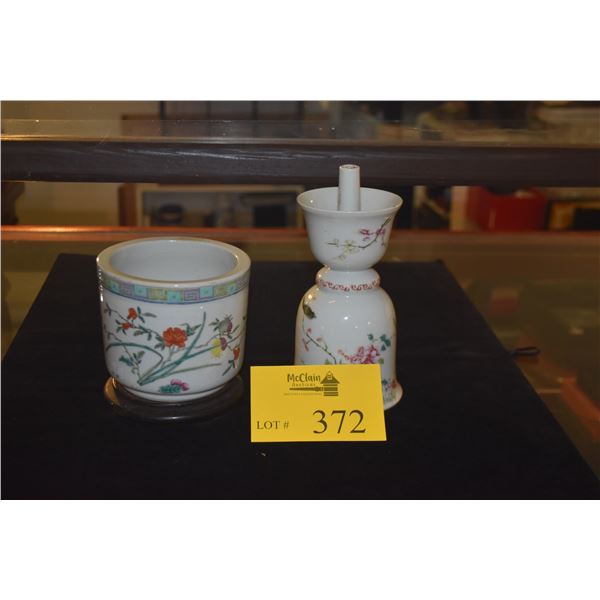 ANTIQUE CHINESE PORCELAIN POLYCHROME CENSER (SIGNED) W/WOOD STAND & CANDLE HOLDER BOTH W/FLORAL MOTI