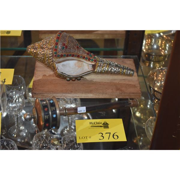 HIGHLY DECORATED SHANKHA TIBETAN CONCH SHELL & TIBETAN PRAYER WHEEL (2 PCS)