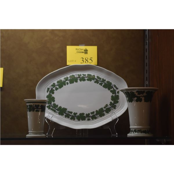 MEISSEN GREEN IVY PORCELAIN TRAY & VASES (3 PCS)