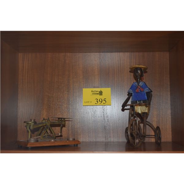 ANTIQUE BRASS POSTAL SCALE & BOY ON TRICYCLE SCULPTURE (MANUEL FELGUEREZ) (2 PCS)