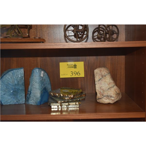BLUE CELESTILE GEODE BOOKENDS, MILKY QUARTZ & ANTHROPOLOGIE STONE COASTERS (8 PCS)