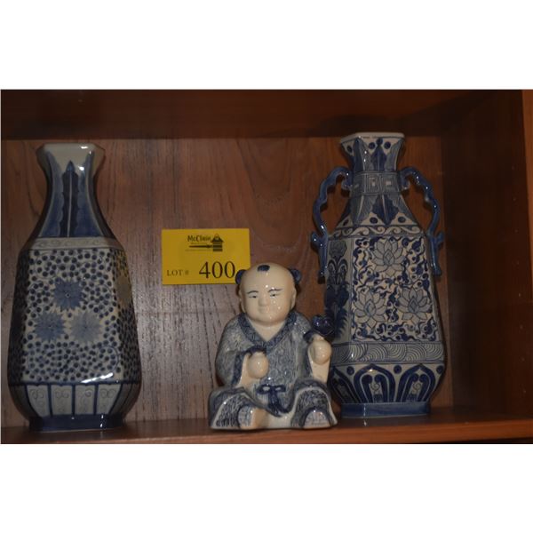 BLUE & WHITE VASES & CHINESE BLUE & WHITE PORCELAIN SITTING BOY STATUE (3 PCS)
