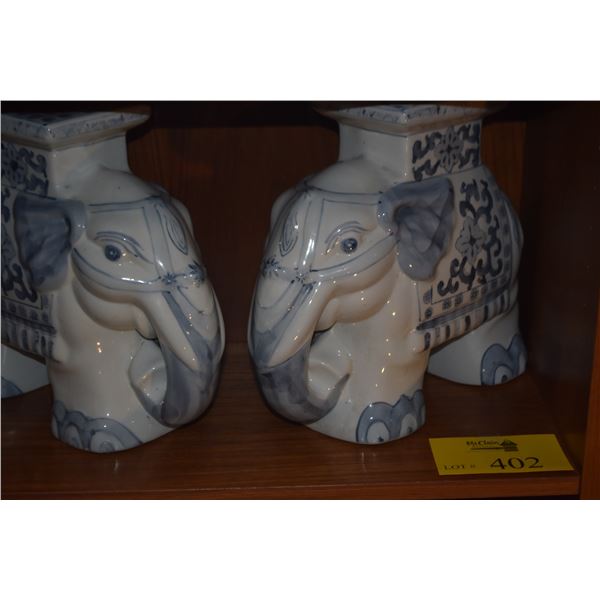 BLUE & WHITE CERAMIC ELEPHANT PLANT STANDS (PAIR)