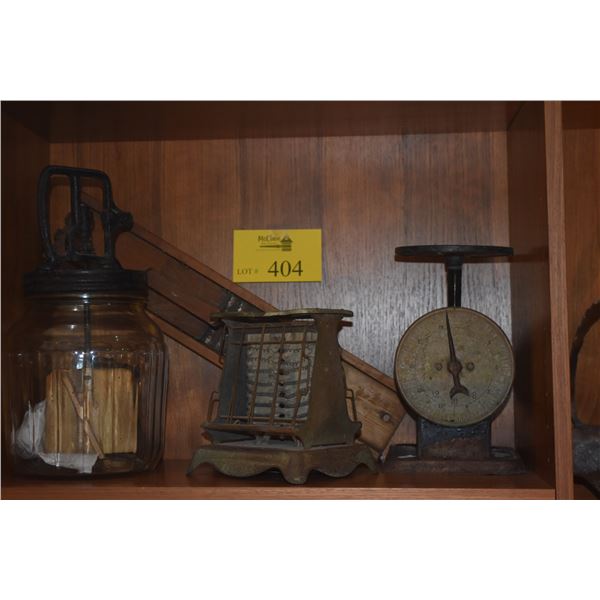 ANTIQUE ELECTRIC TOASTER (NO CORD), ANTIQUE BUTTER CHURN, ANTIQUE KITCHEN SCALE & ANTIQUE WOODEN MAN