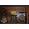 Image 1 : ANTIQUE ELECTRIC TOASTER (NO CORD), ANTIQUE BUTTER CHURN, ANTIQUE KITCHEN SCALE & ANTIQUE WOODEN MAN