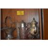 Image 1 : MIXED LOT: TEAPOTS, GLASS VASE, MOSSER GLASS INVERTE THISTLE PITCHER & ANTIQUE VICTORIAN BRIDES BASK