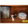 Image 1 : MIXED LOT: POTTERY VASE, AH NESS GLASS SCULPTURE, LIMOGES COVERED BOX & BROWN BELGIUM VASE (4 PCS)