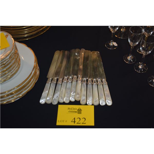 LANDERS FRARY & CLARK KNIVES W/MOTHER OF PEARL HANDLES & STERLING SILVER BANDS (12 PCS)