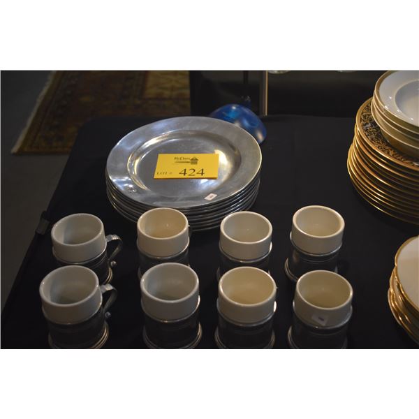 WILTON ARMETALE SERVICE PLATES/CHARGER (MADE OF ARMETALE-A METAL ALLOY) & COFFEE MUGS W/CERAMIC INSE