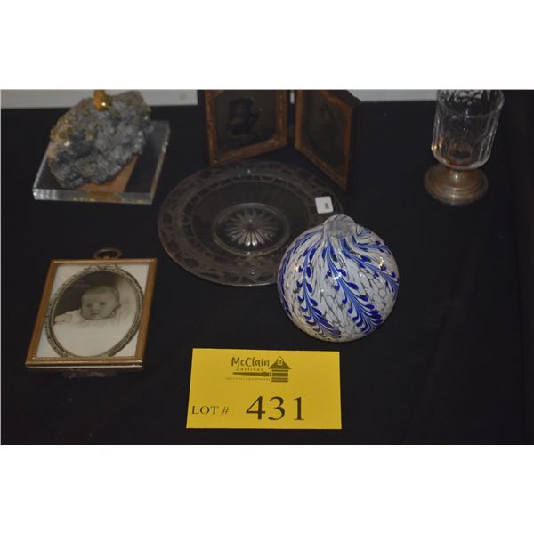 MIXED LOT: VINTAGE PHOTOS, VASE, BIRD ON STONE, SILVER OVERLAY PLATE & PRESSED GLASS W/STERLING BASE