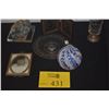 Image 1 : MIXED LOT: VINTAGE PHOTOS, VASE, BIRD ON STONE, SILVER OVERLAY PLATE & PRESSED GLASS W/STERLING BASE