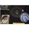 Image 5 : MIXED LOT: VINTAGE PHOTOS, VASE, BIRD ON STONE, SILVER OVERLAY PLATE & PRESSED GLASS W/STERLING BASE