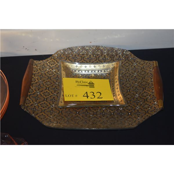 MID CENTURY MODERN GEORGES BRAID GILDED GLASS TRAY & GARDEN SQUARE GLASS 22K DISH (2 PCS)