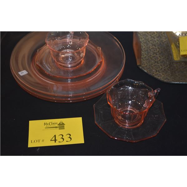CAMBRIDGE GLASS DECAGON PINK CUPS & SAUCERS & DINNER PLATES (7 PCS)
