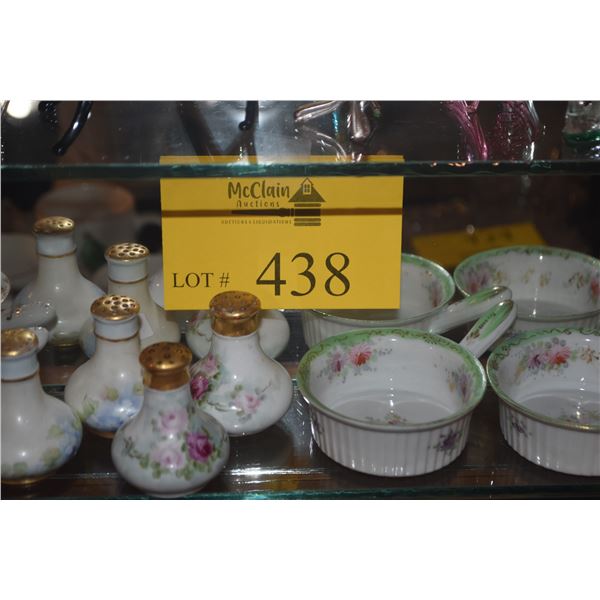 PORCELAIN DISHES W/HANDLES & PORCELAIN SALT SHAKER (8 PCS)