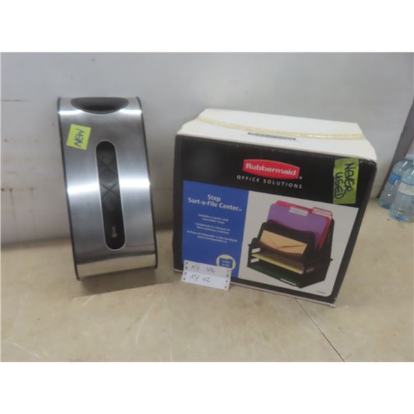 New Wall-Mount Garbage Bag Dispenser Plus Rubbermaid Desk File Sorter