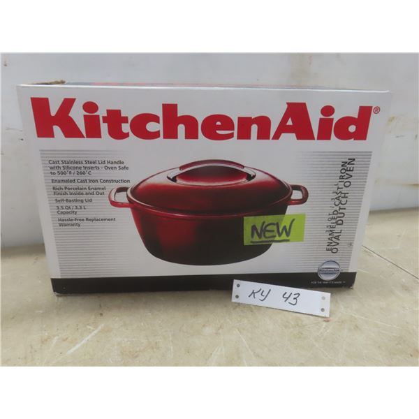 New KitchenAid Red 5.5 Quart Oval Cast Iron Dutch Oven w/ Silicone Inserts, Porcelain Enamel Finish