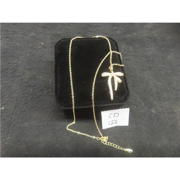 New 14K Gold Plated 34.0mm Simulated Diamond Bow Necklace With Adjustable 18–19 in Chain