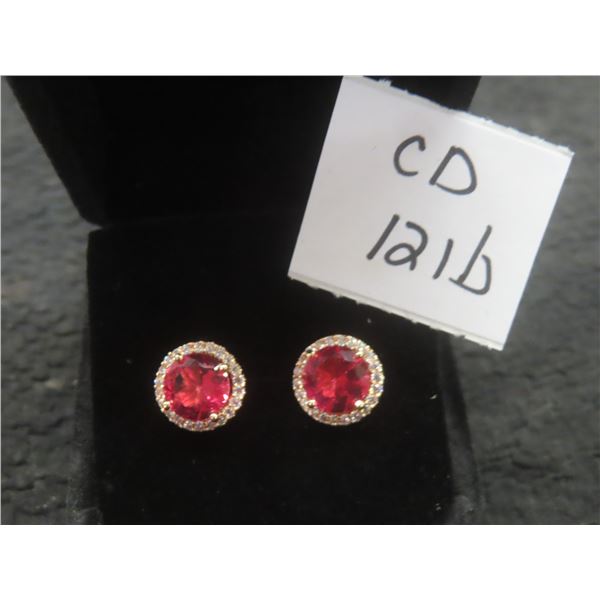 Pair of New 18K Gold Plated 2.0 Ct Each Lab-Created Ruby Halo Stud Earrings