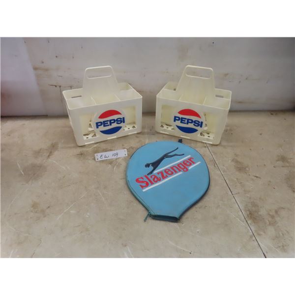 Two Plastic Pepsi-Cola Six-Bottle Carriers Plus Slazenger Tennis Racket Cover