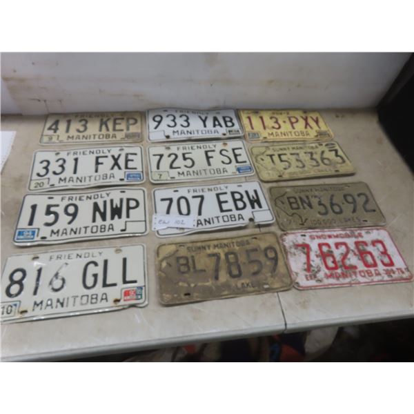 Twelve Manitoba License Plates Including Snowmobile Plate