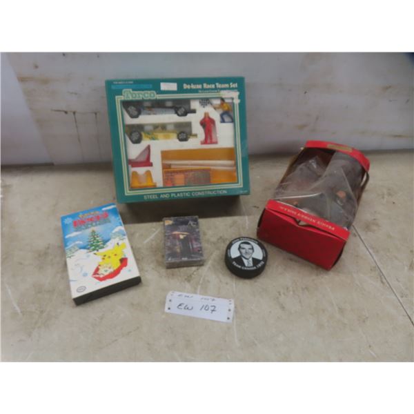 Vintage Torco De-Luxe Race Team Set Plus Collectibles Including VHS, Hockey Puck, and Eisenhower Bu