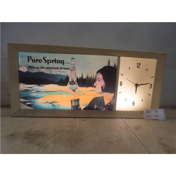Vintage Pure Spring Illuminated Advertising Clock, Lights Up, Hour Hand Needs Tightening "